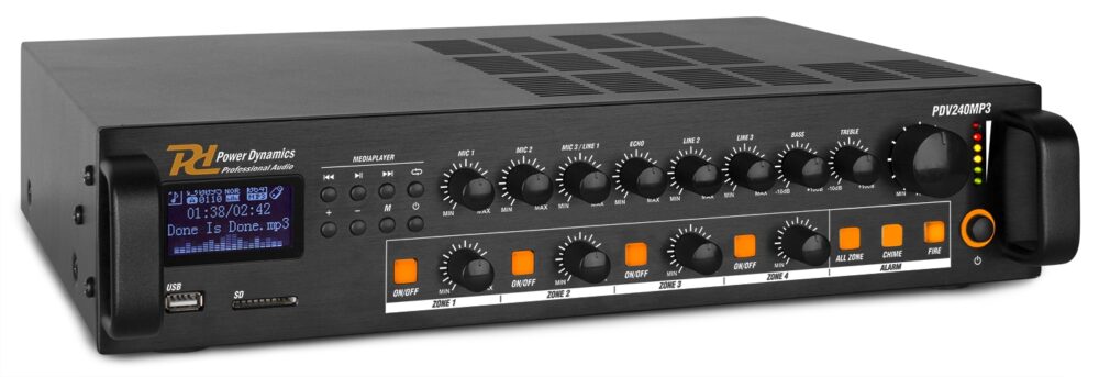 PDV240MP3 PA Mixer Amplifier 240W/100V 4 zones - Power Dynamics